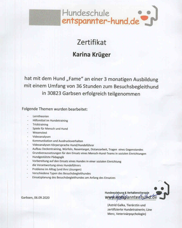 Zertifikat Ausbildung Fame und Karina Krüger 